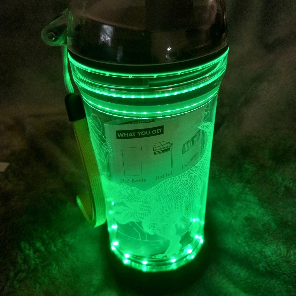 Yew Stuff kids LED light up water bottle 8 color changing T-REX strap